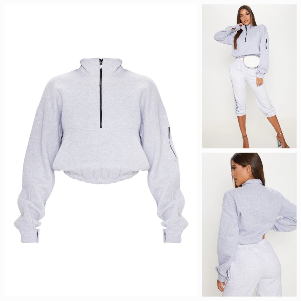 PRETTY LITTLE THING - GREY OVERSIZED FRONT ZIP SWEATER, SIZE S